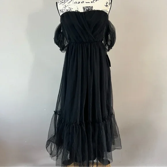 Lulu’s Divine dreamer tulle off the shoulder midi dress Ladies size small Black - Picture 2 of 12